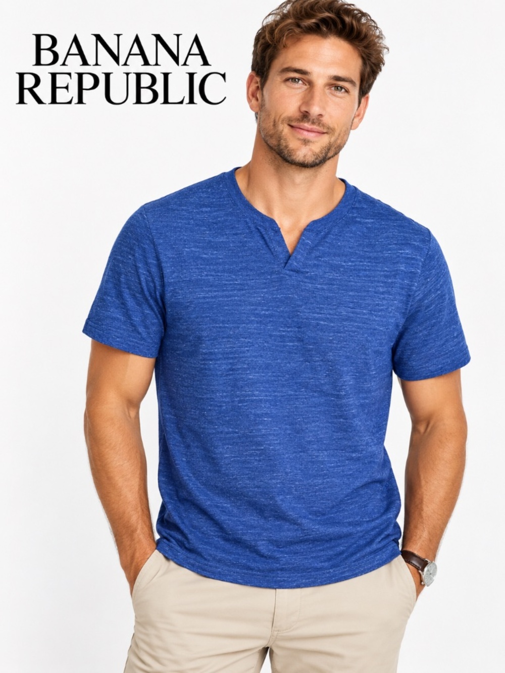 Banana Republic Mens blue marled V-notch short-sleeve shirt
